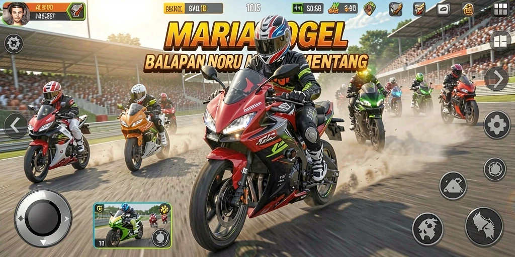 Screenshot gameplay MARIATOGEL yang menunjukkan aksi balapan motor yang mendebarkan.