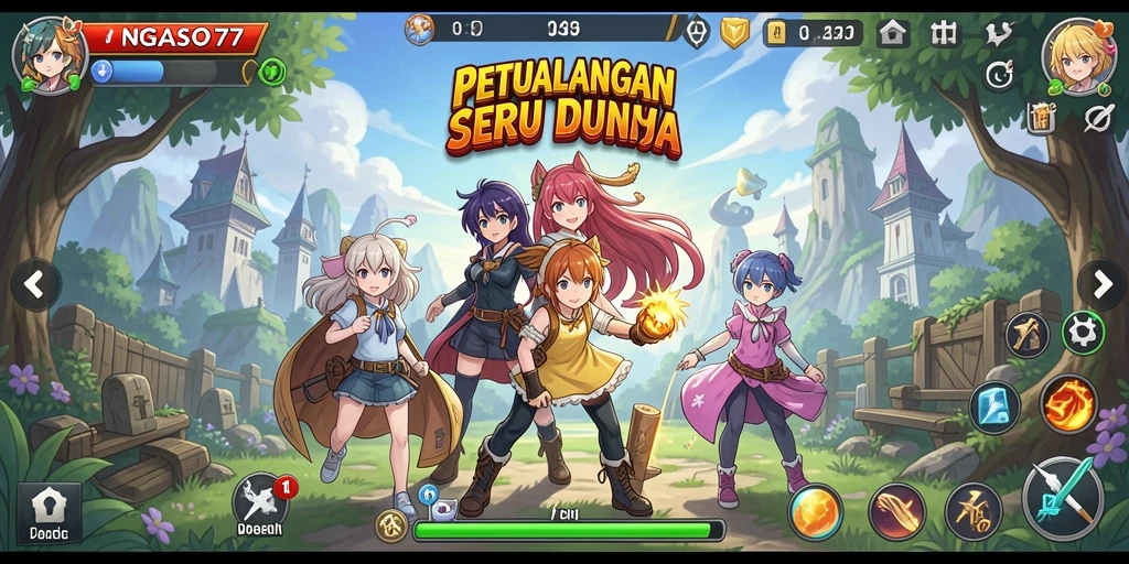 Tampilan gameplay NGASO77 yang penuh aksi dan karakter anime.