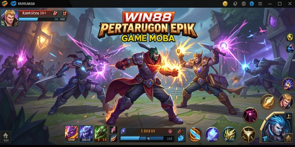 Screenshot gameplay WIN88 yang menunjukkan pertarungan karakter MOBA.